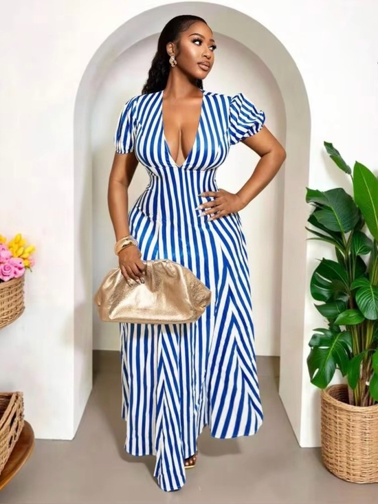 Dresses & Skirts - Blue and White Striped V-Neck Maxi Dress - 8/10